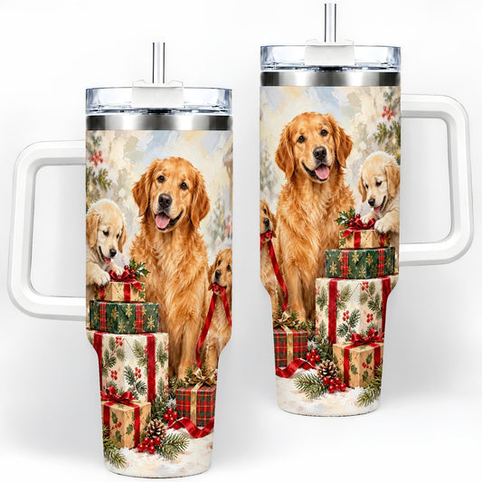 Christmas Golden Retriever Family Tumbler 40oz, Festive Puppy Art