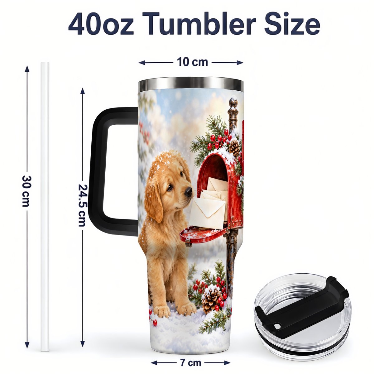 #pl[40oz|Black] Christmas Golden Retriever Puppy Tumbler 40oz, Snowy Mailbox Scene