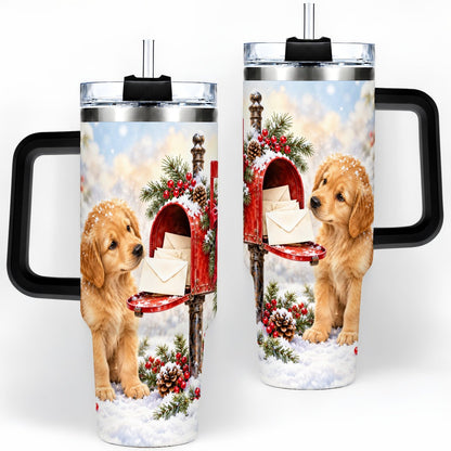 #pl[40oz|Black] Christmas Golden Retriever Puppy Tumbler 40oz, Snowy Mailbox Scene