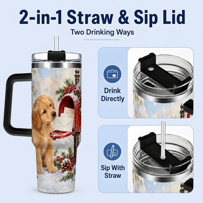 #pl[40oz|Black] Christmas Golden Retriever Puppy Tumbler 40oz, Snowy Mailbox Scene