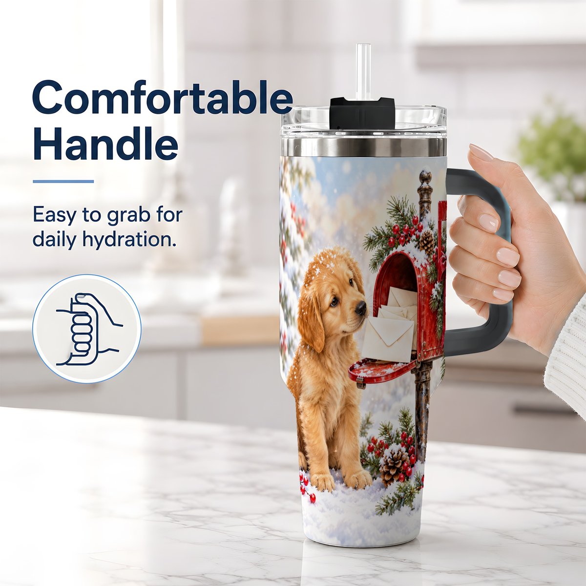 #pl[40oz|Black] Christmas Golden Retriever Puppy Tumbler 40oz, Snowy Mailbox Scene