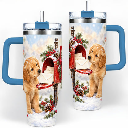 #pl[40oz|Blue] Christmas Golden Retriever Puppy Tumbler 40oz, Snowy Mailbox Scene