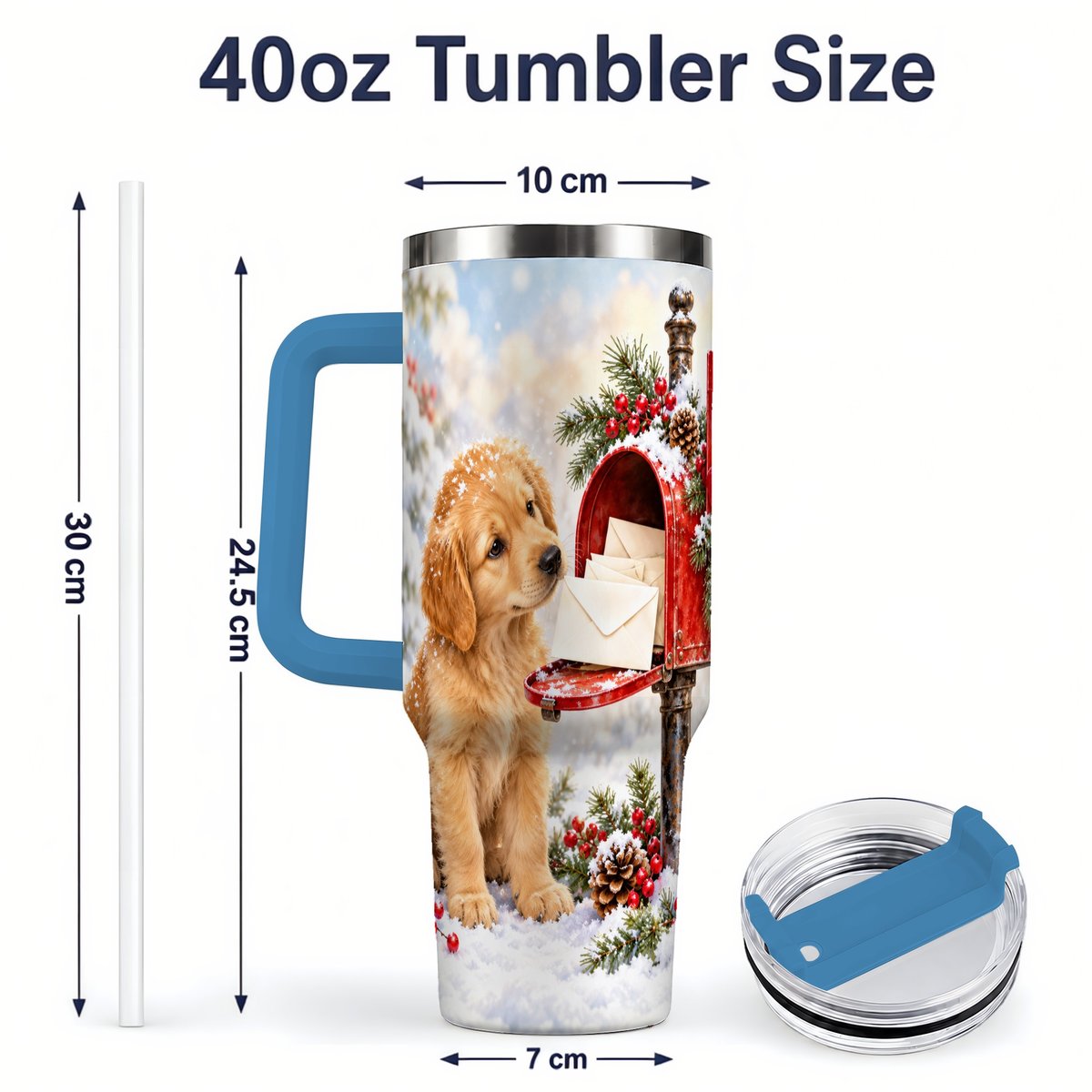 #pl[40oz|Blue] Christmas Golden Retriever Puppy Tumbler 40oz, Snowy Mailbox Scene