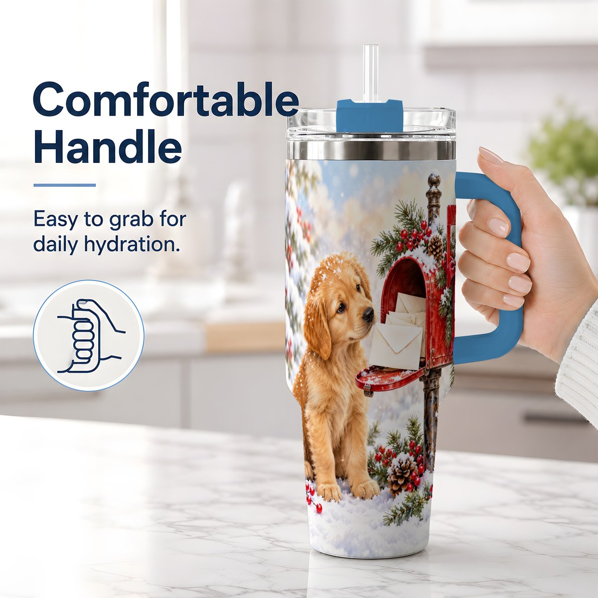 #pl[40oz|Blue] Christmas Golden Retriever Puppy Tumbler 40oz, Snowy Mailbox Scene