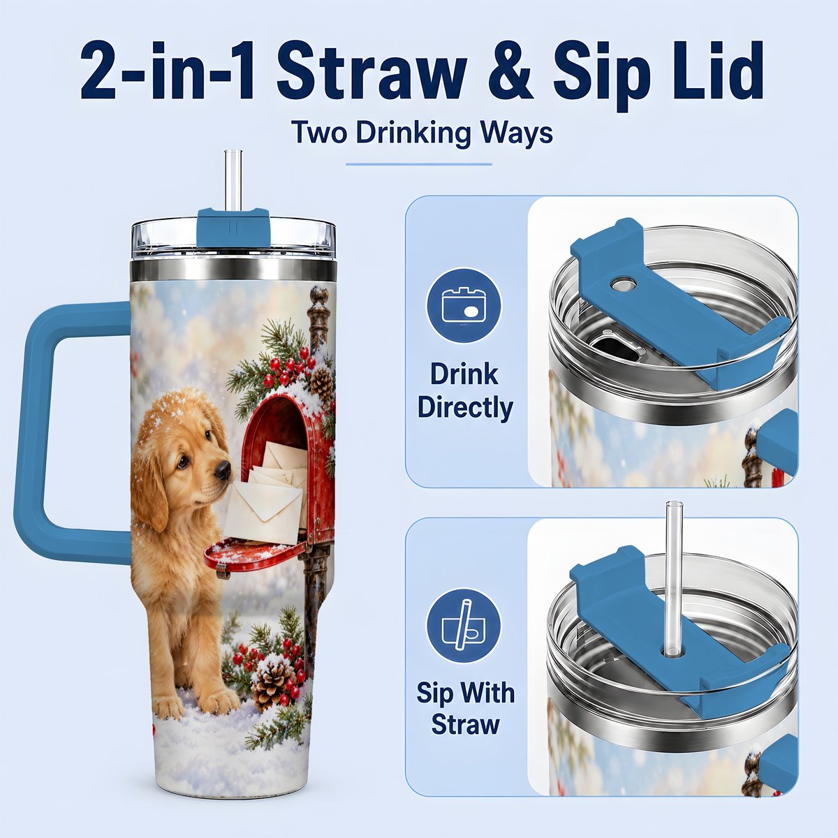 #pl[40oz|Blue] Christmas Golden Retriever Puppy Tumbler 40oz, Snowy Mailbox Scene