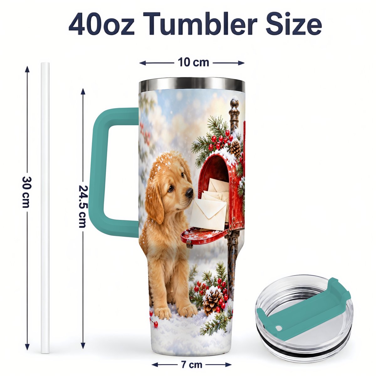 #pl[40oz|Green] Christmas Golden Retriever Puppy Tumbler 40oz, Snowy Mailbox Scene
