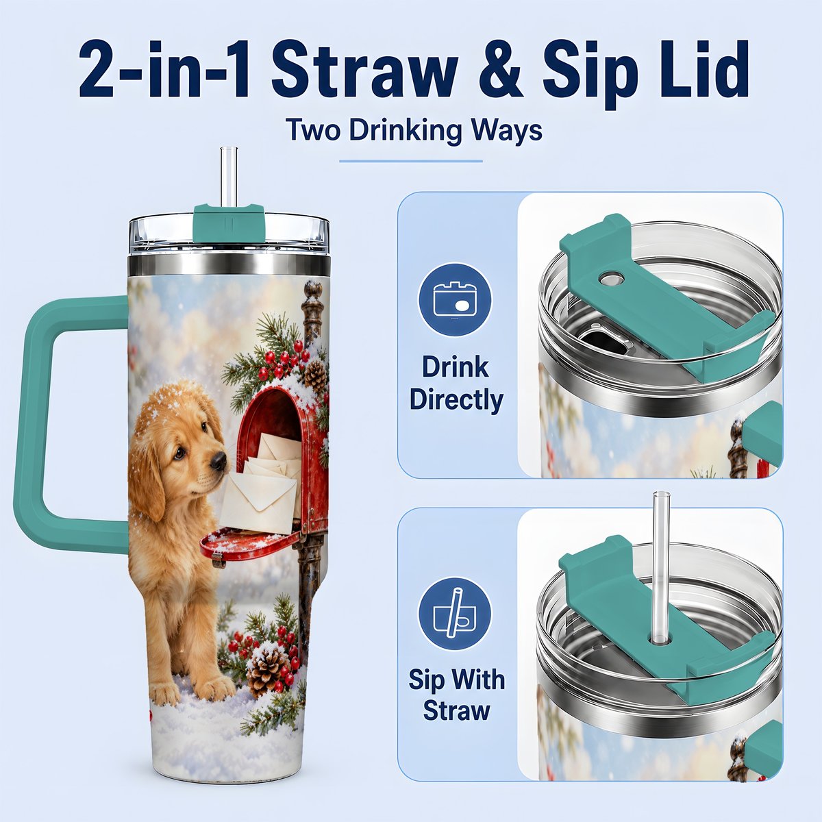 #pl[40oz|Green] Christmas Golden Retriever Puppy Tumbler 40oz, Snowy Mailbox Scene