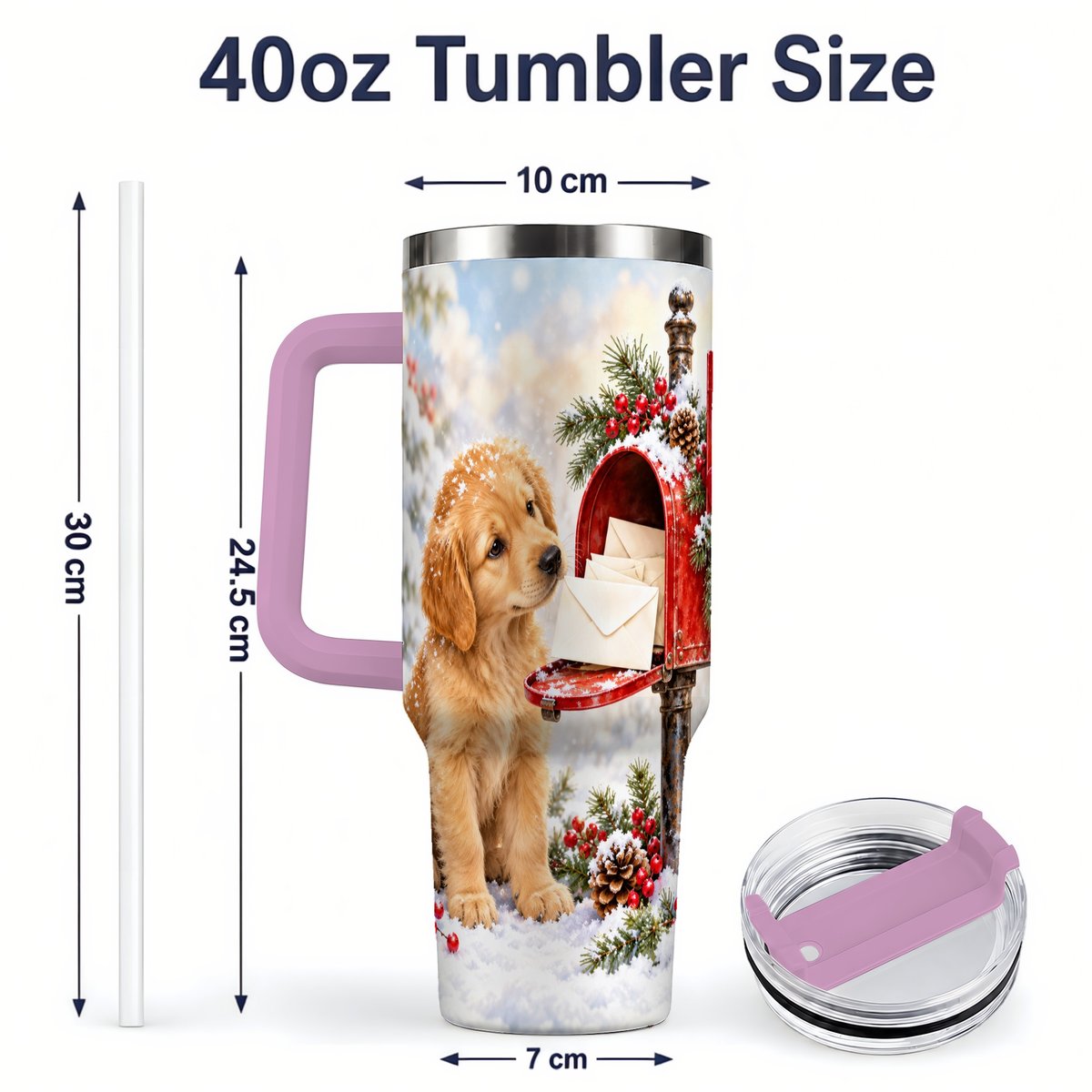 #pl[40oz|Pink] Christmas Golden Retriever Puppy Tumbler 40oz, Snowy Mailbox Scene