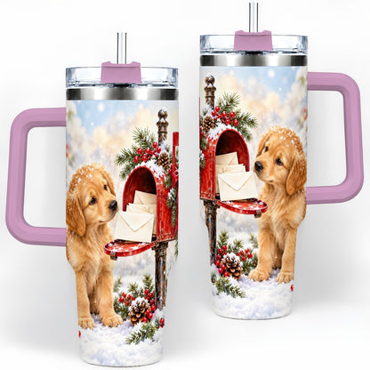 #pl[40oz|Pink] Christmas Golden Retriever Puppy Tumbler 40oz, Snowy Mailbox Scene