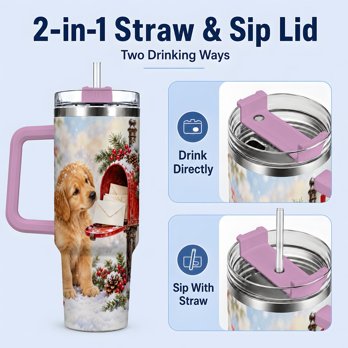 #pl[40oz|Pink] Christmas Golden Retriever Puppy Tumbler 40oz, Snowy Mailbox Scene