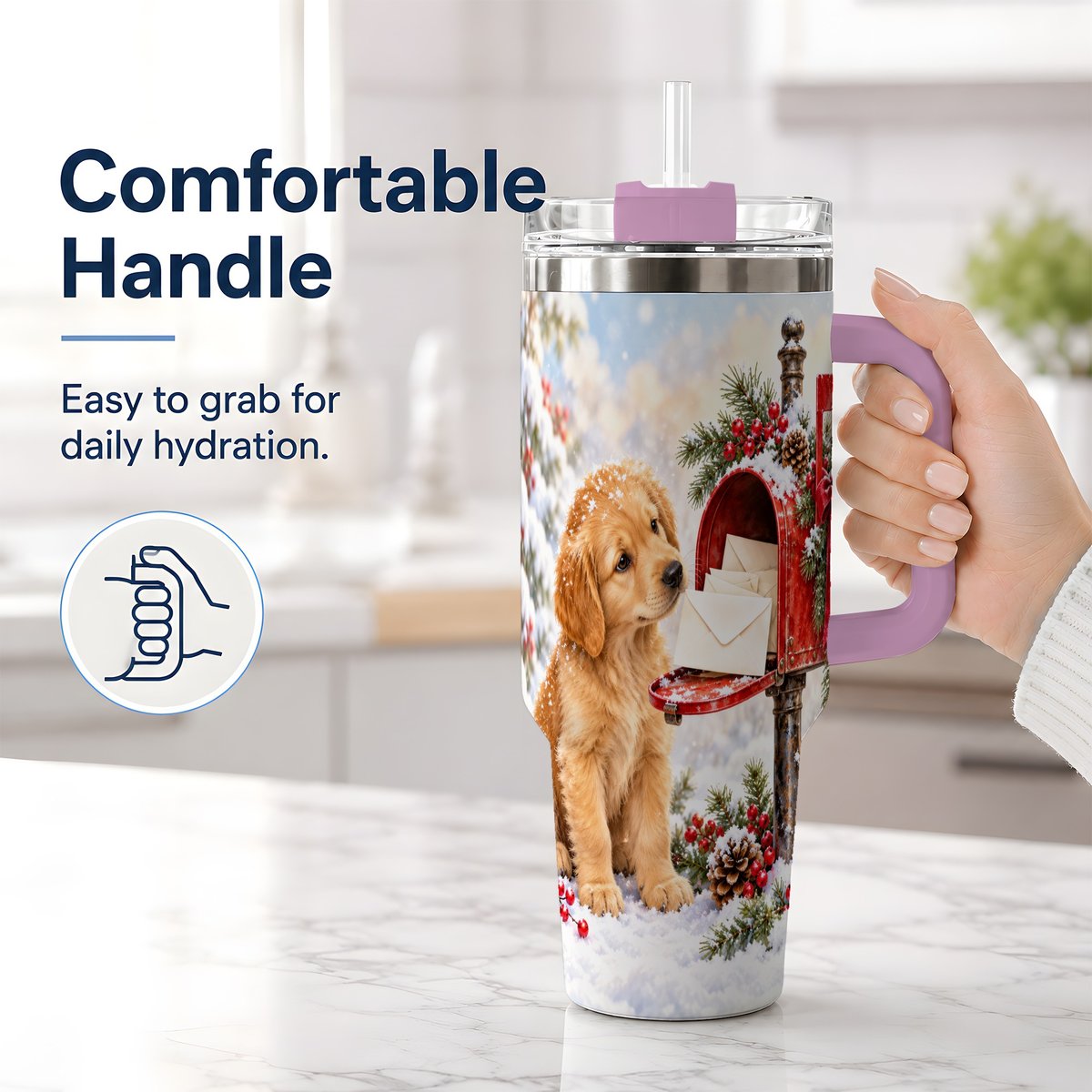 #pl[40oz|Pink] Christmas Golden Retriever Puppy Tumbler 40oz, Snowy Mailbox Scene