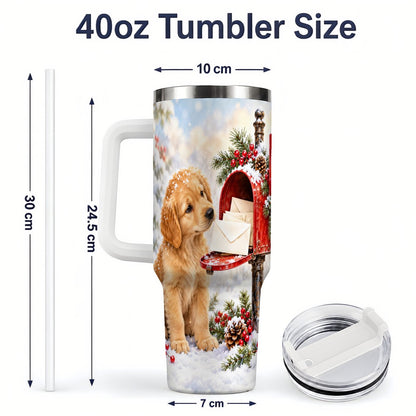 #pl[40oz|White] Christmas Golden Retriever Puppy Tumbler 40oz, Snowy Mailbox Scene