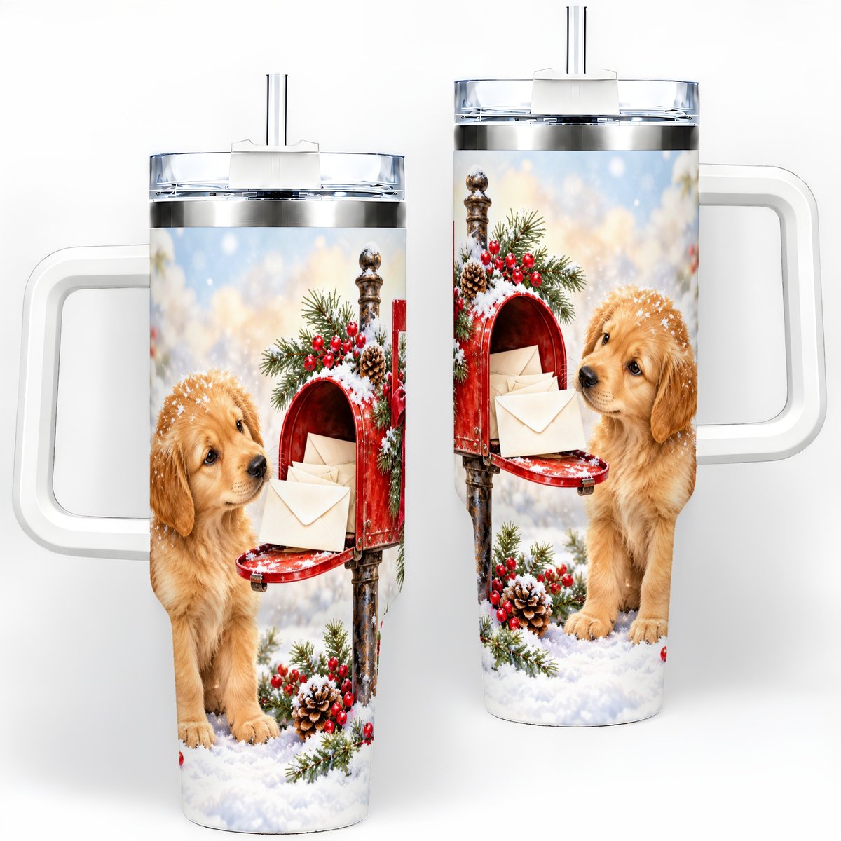 Christmas Golden Retriever Puppy Tumbler 40oz, Snowy Mailbox Scene