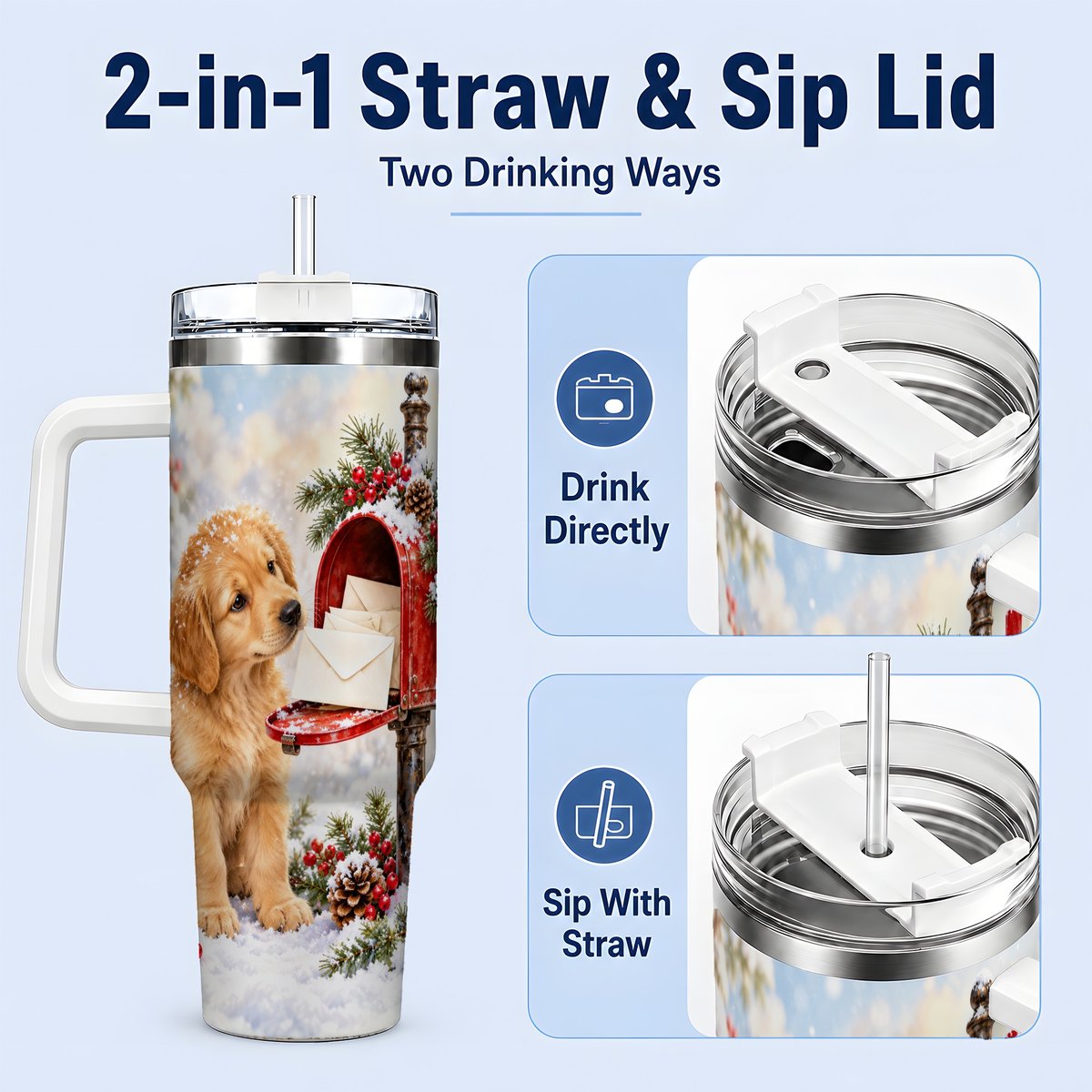 #pl[40oz|White] Christmas Golden Retriever Puppy Tumbler 40oz, Snowy Mailbox Scene