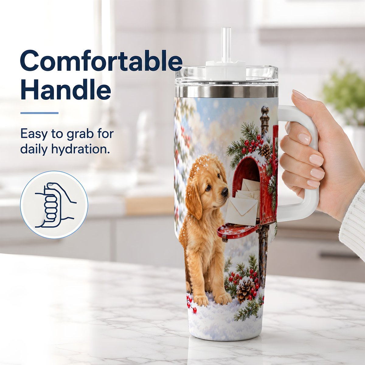 #pl[40oz|White] Christmas Golden Retriever Puppy Tumbler 40oz, Snowy Mailbox Scene