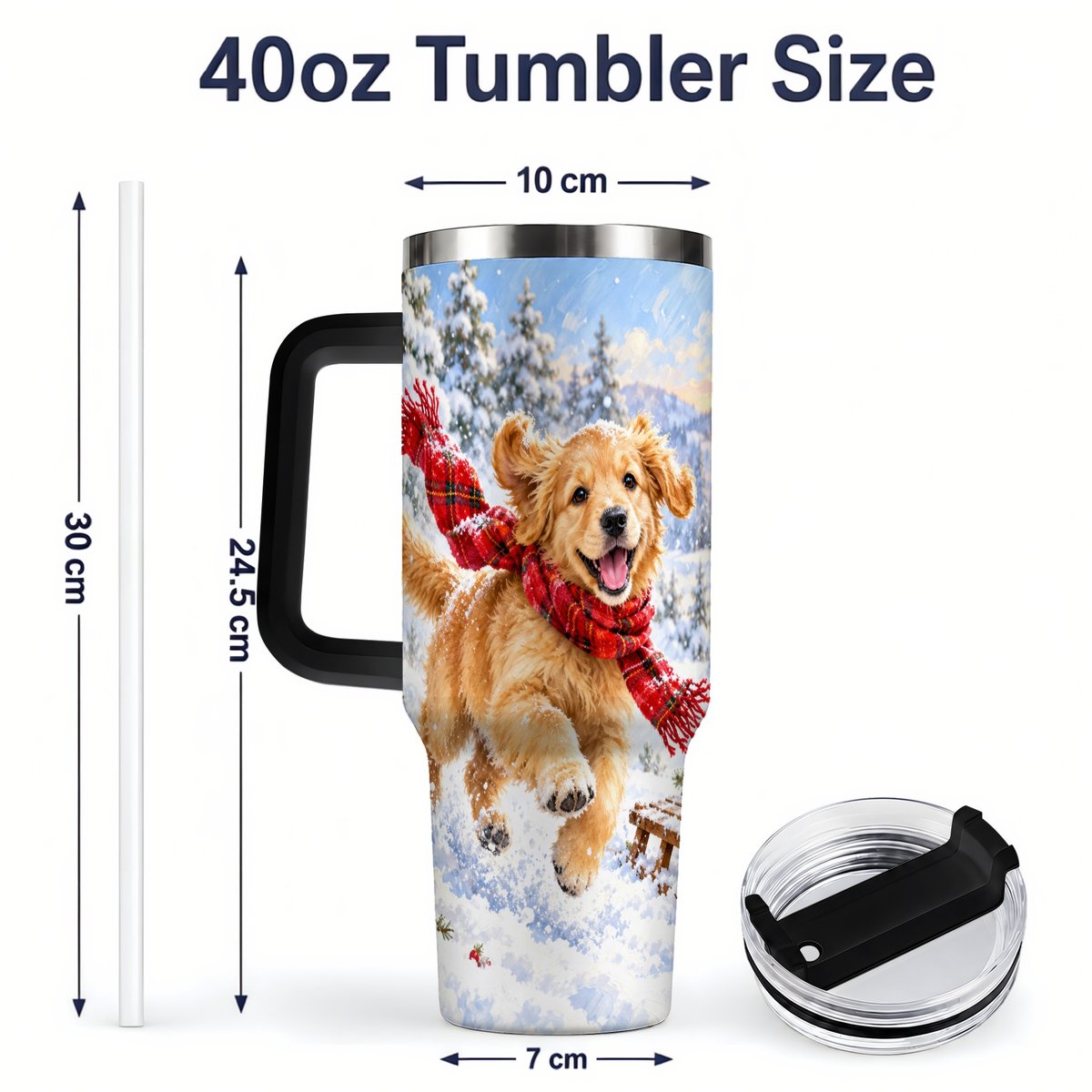 #pl[40oz|Black] Winter Golden Retriever Puppy Tumbler 40oz, Snowy Sled Artwork