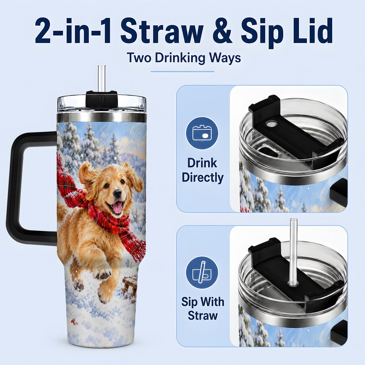 #pl[40oz|Black] Winter Golden Retriever Puppy Tumbler 40oz, Snowy Sled Artwork