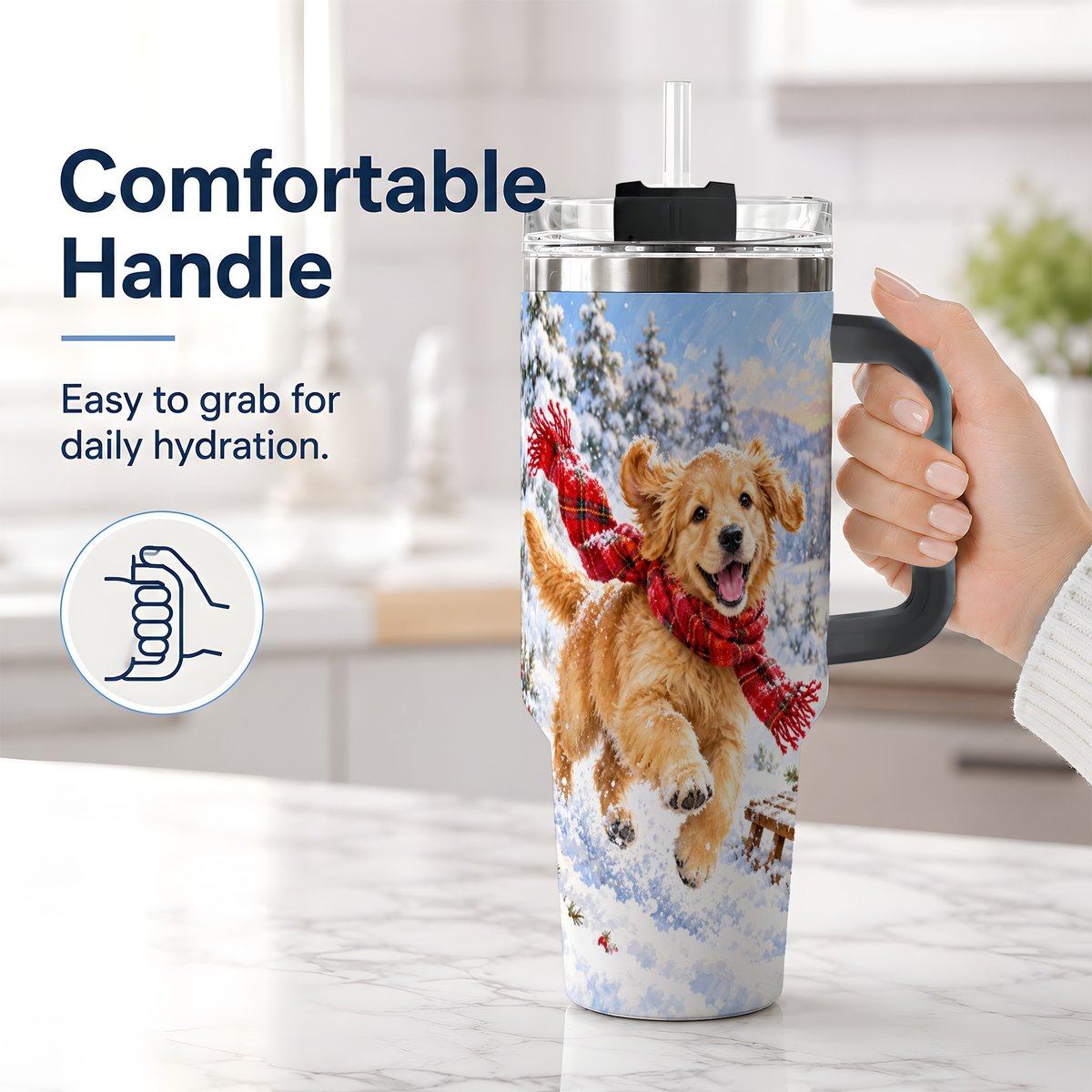 #pl[40oz|Black] Winter Golden Retriever Puppy Tumbler 40oz, Snowy Sled Artwork