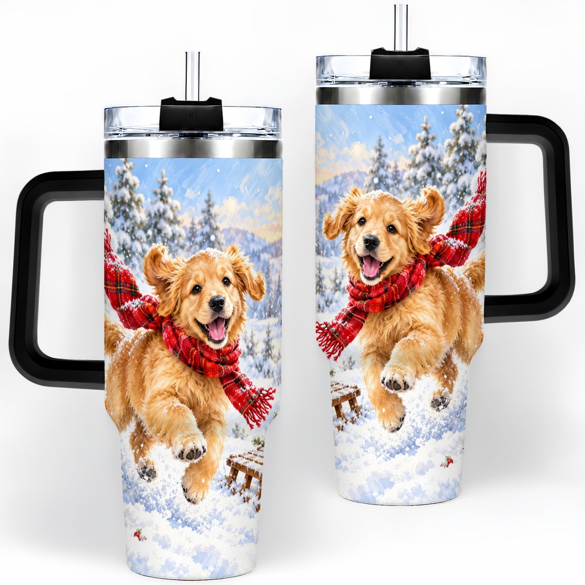 #pl[40oz|Black] Winter Golden Retriever Puppy Tumbler 40oz, Snowy Sled Artwork