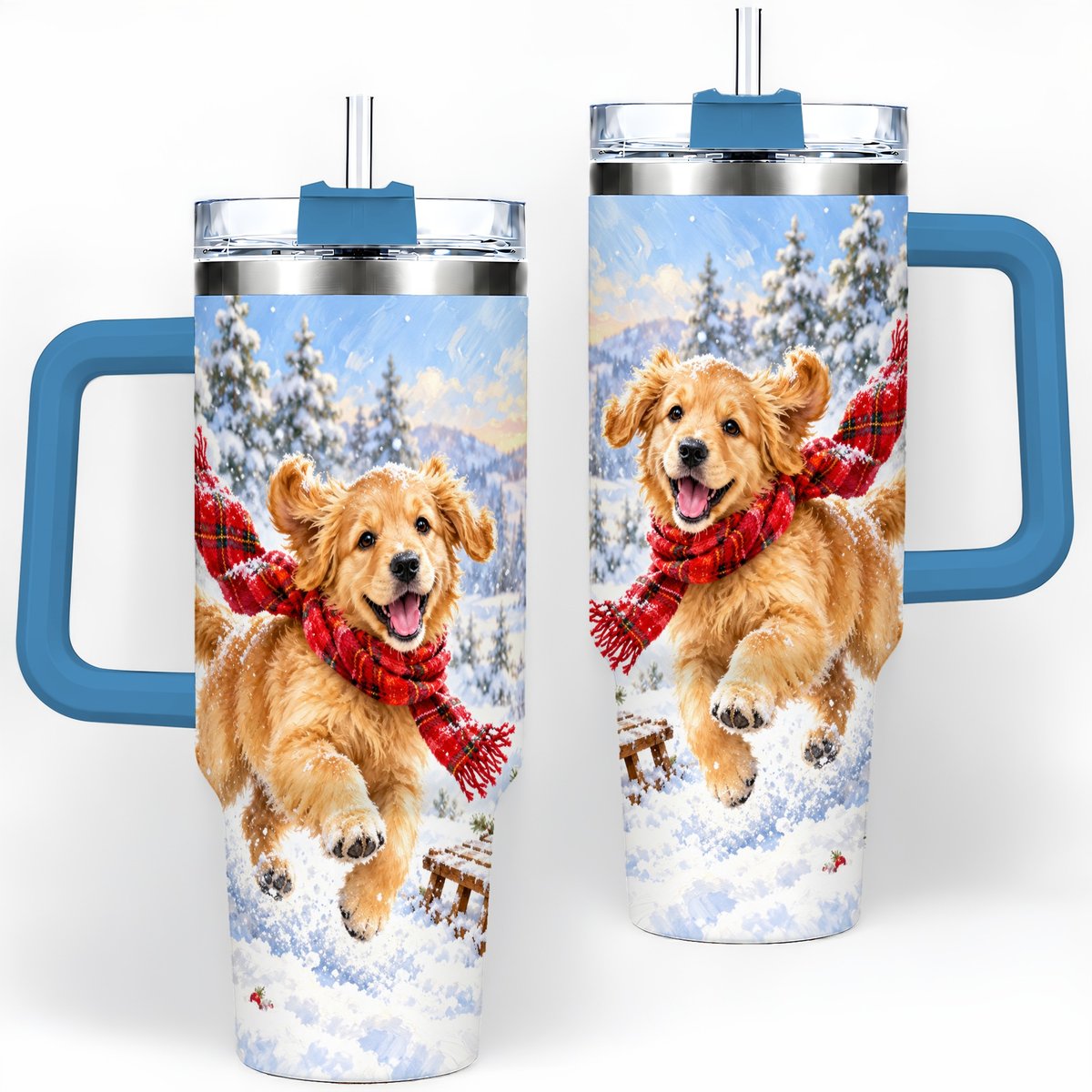 #pl[40oz|Blue] Winter Golden Retriever Puppy Tumbler 40oz, Snowy Sled Artwork