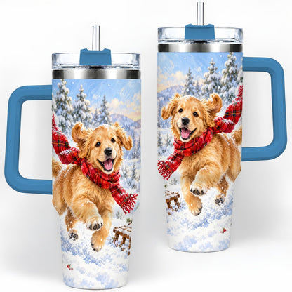#pl[40oz|Blue] Winter Golden Retriever Puppy Tumbler 40oz, Snowy Sled Artwork
