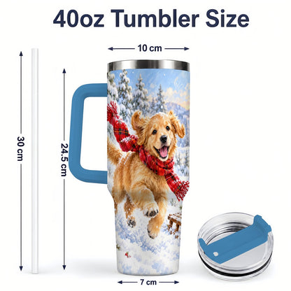 #pl[40oz|Blue] Winter Golden Retriever Puppy Tumbler 40oz, Snowy Sled Artwork
