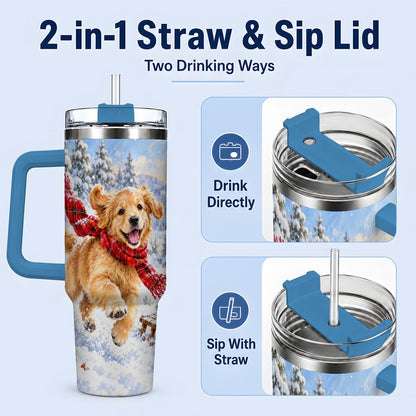 #pl[40oz|Blue] Winter Golden Retriever Puppy Tumbler 40oz, Snowy Sled Artwork