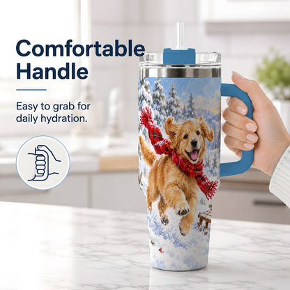 #pl[40oz|Blue] Winter Golden Retriever Puppy Tumbler 40oz, Snowy Sled Artwork