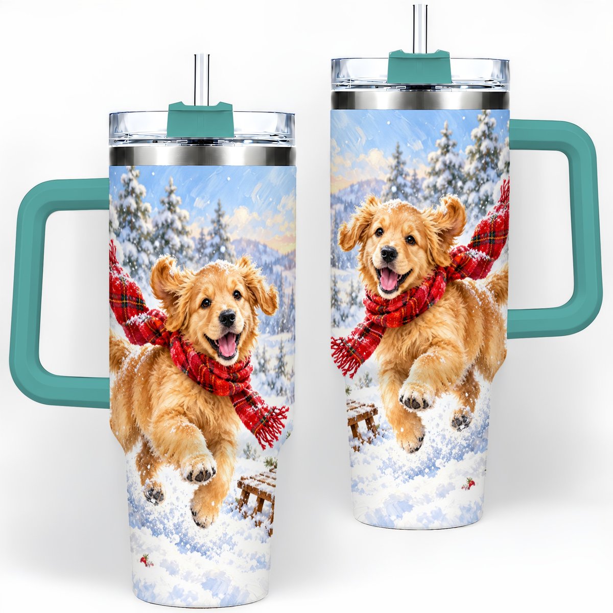 #pl[40oz|Green] Winter Golden Retriever Puppy Tumbler 40oz, Snowy Sled Artwork