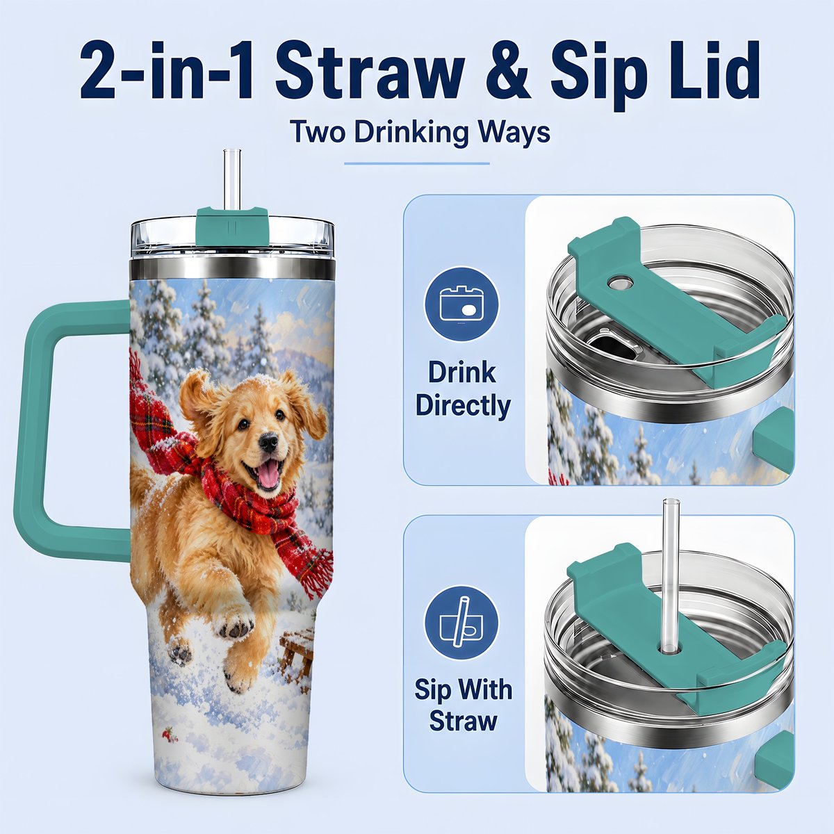 #pl[40oz|Green] Winter Golden Retriever Puppy Tumbler 40oz, Snowy Sled Artwork