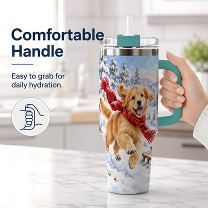 #pl[40oz|Green] Winter Golden Retriever Puppy Tumbler 40oz, Snowy Sled Artwork