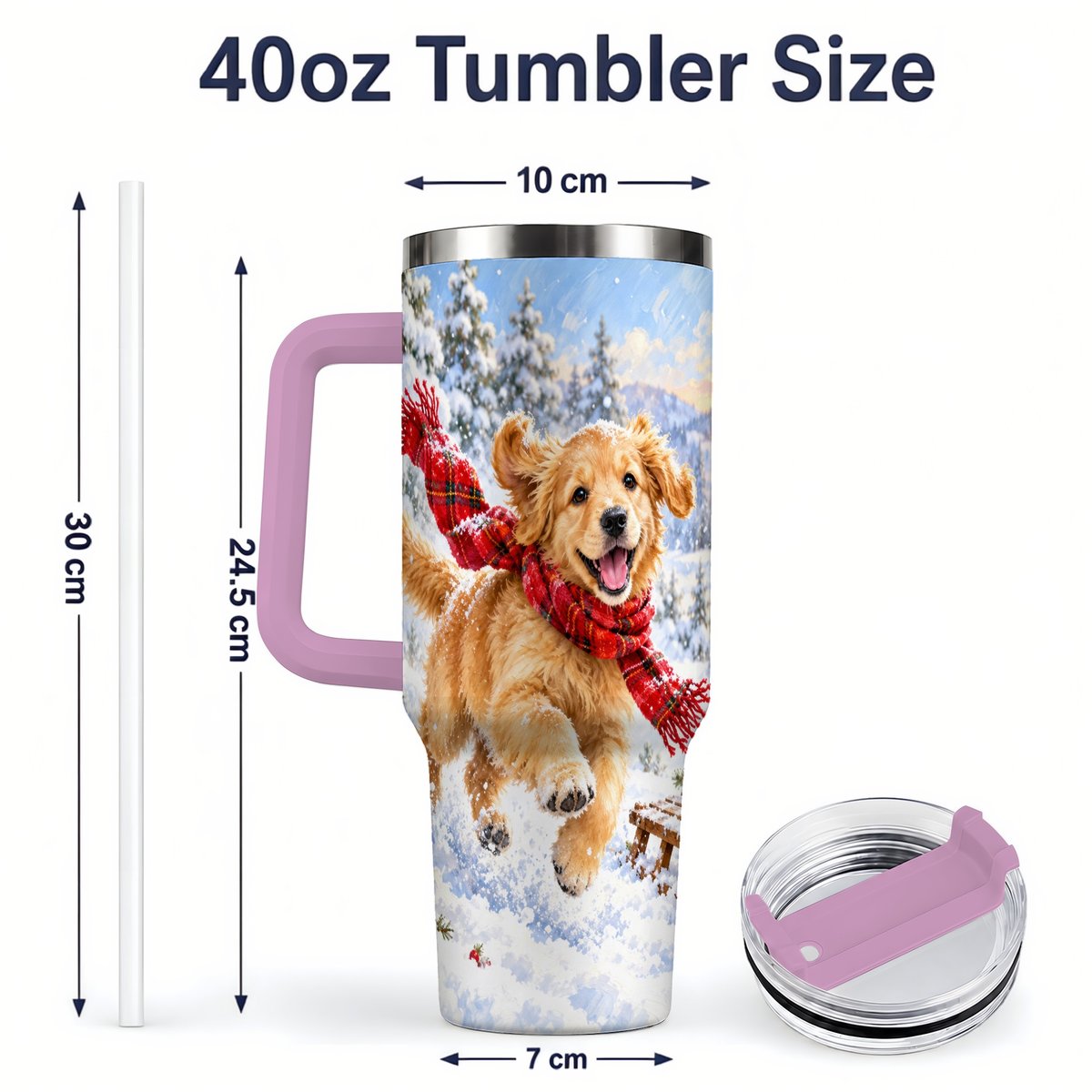 #pl[40oz|Pink] Winter Golden Retriever Puppy Tumbler 40oz, Snowy Sled Artwork