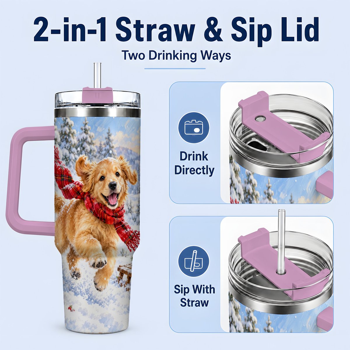 #pl[40oz|Pink] Winter Golden Retriever Puppy Tumbler 40oz, Snowy Sled Artwork