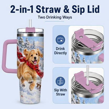 #pl[40oz|Pink] Winter Golden Retriever Puppy Tumbler 40oz, Snowy Sled Artwork