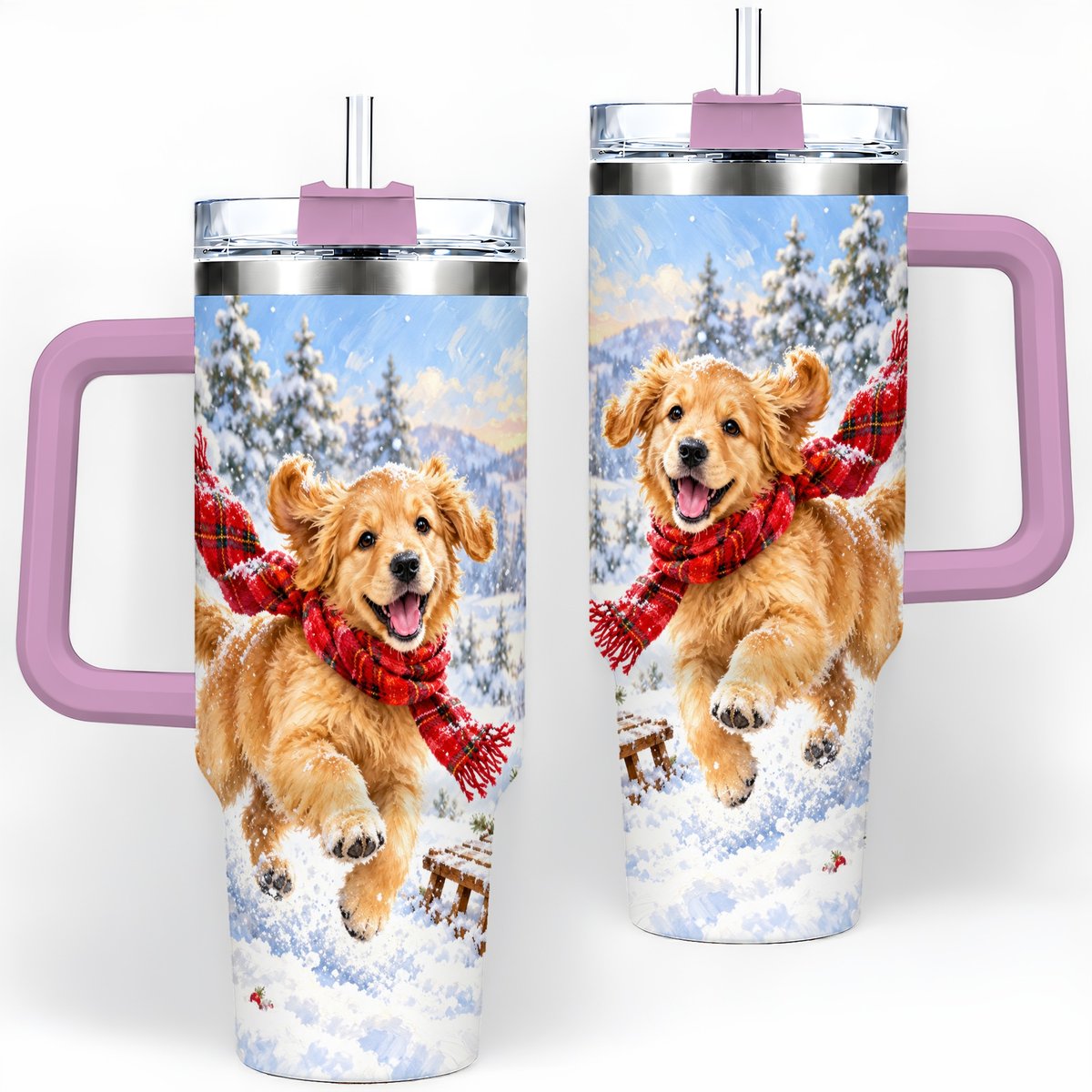 #pl[40oz|Pink] Winter Golden Retriever Puppy Tumbler 40oz, Snowy Sled Artwork