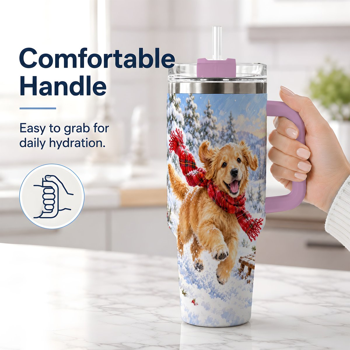 #pl[40oz|Pink] Winter Golden Retriever Puppy Tumbler 40oz, Snowy Sled Artwork