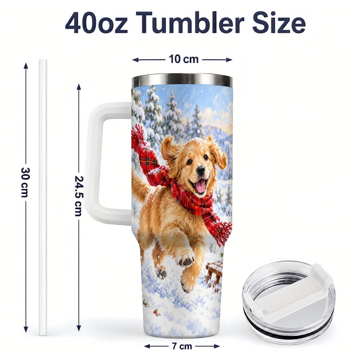 #pl[40oz|White] Winter Golden Retriever Puppy Tumbler 40oz, Snowy Sled Artwork