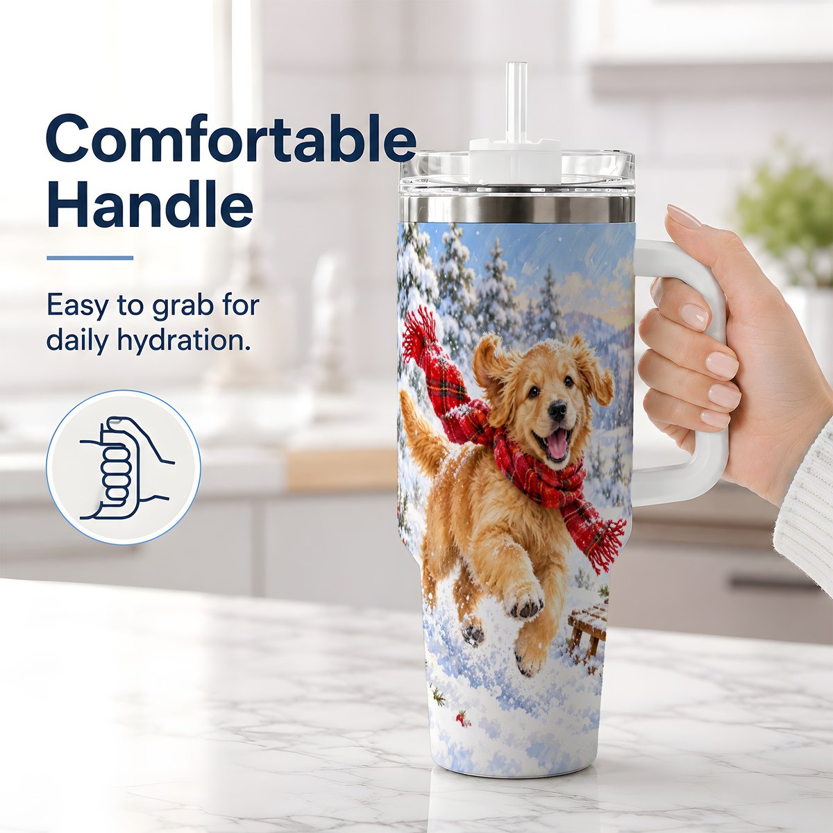 #pl[40oz|White] Winter Golden Retriever Puppy Tumbler 40oz, Snowy Sled Artwork