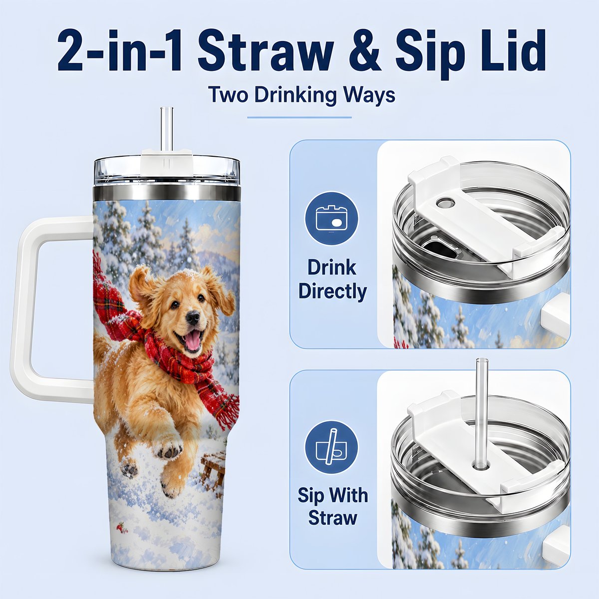 #pl[40oz|White] Winter Golden Retriever Puppy Tumbler 40oz, Snowy Sled Artwork