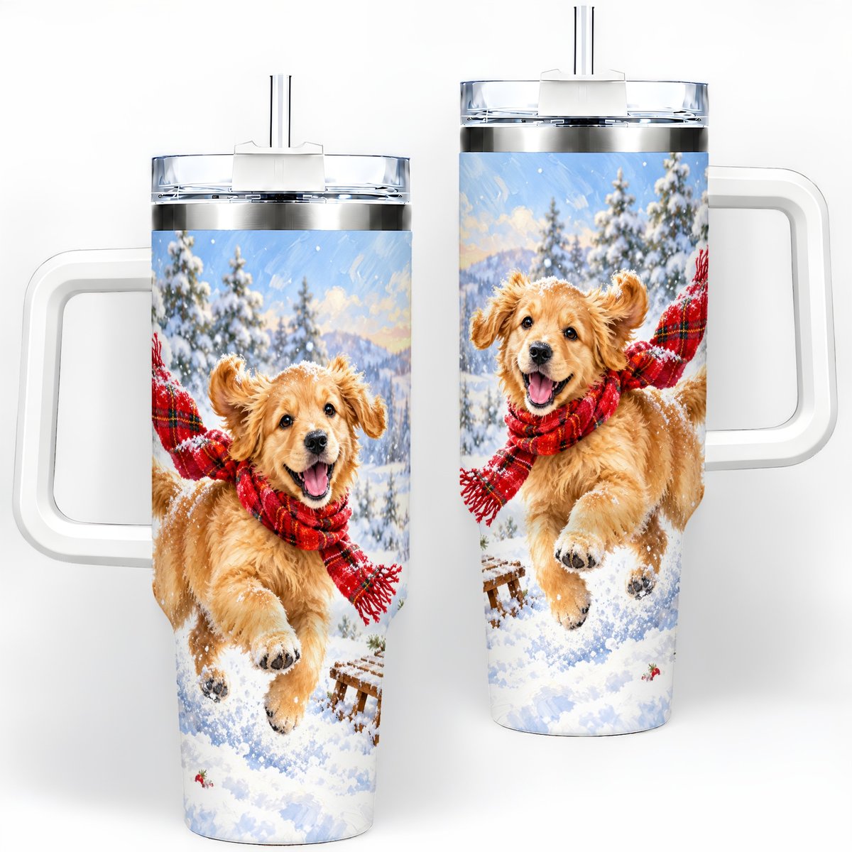 Winter Golden Retriever Puppy Tumbler 40oz, Snowy Sled Artwork