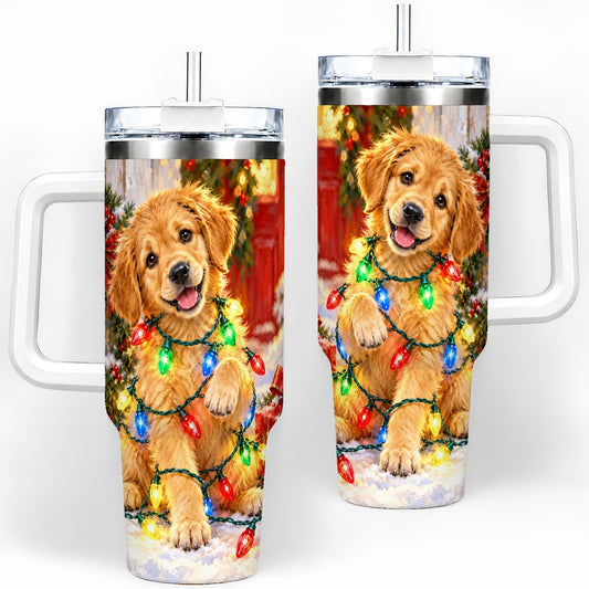 Christmas Lights Golden Retriever Puppy Tumbler 40oz, Festive Art