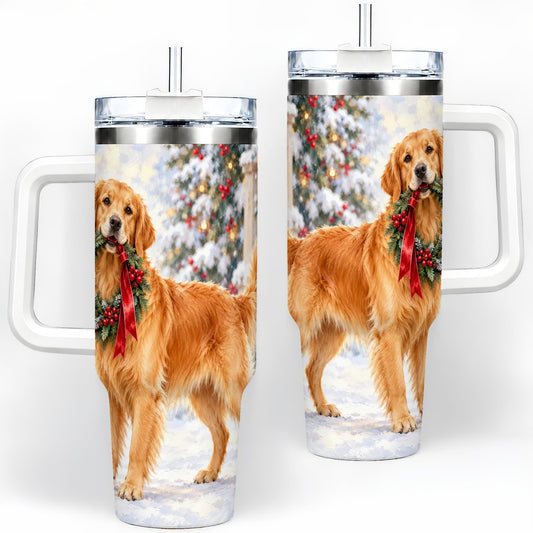 Christmas Wreath Golden Retriever Tumbler 40oz, Snowy Holiday Scene