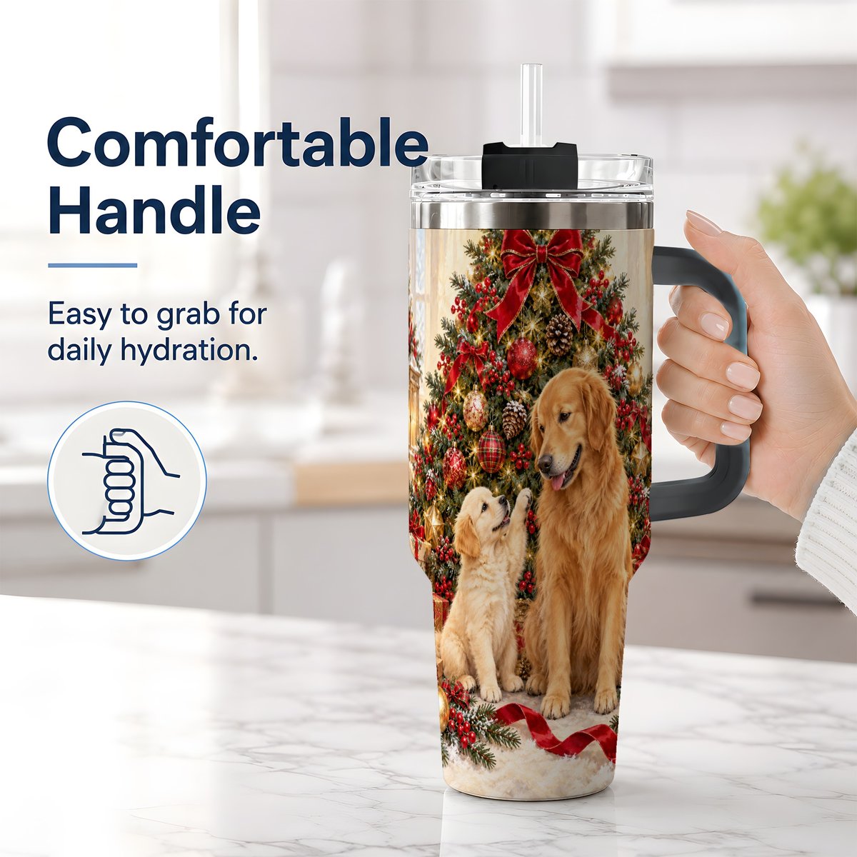 #pl[40oz|Black] Golden Retriever Christmas Tree Handled Tumbler 40oz