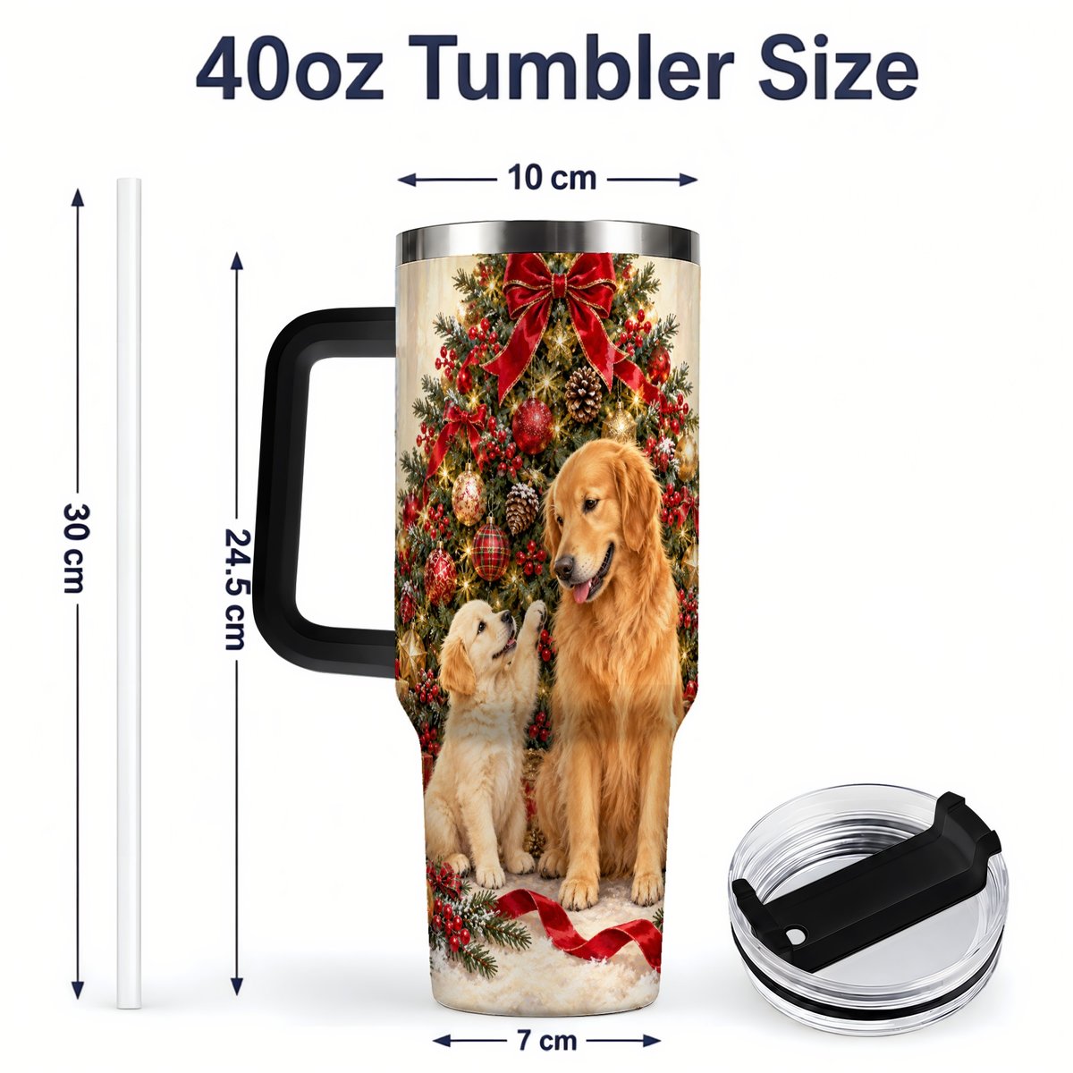 #pl[40oz|Black] Golden Retriever Christmas Tree Handled Tumbler 40oz