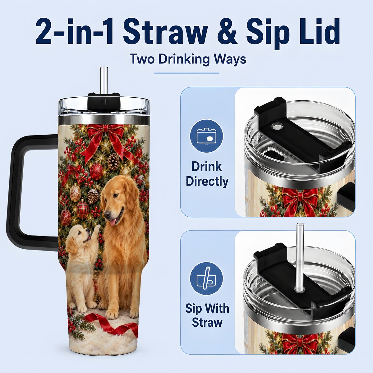 #pl[40oz|Black] Golden Retriever Christmas Tree Handled Tumbler 40oz