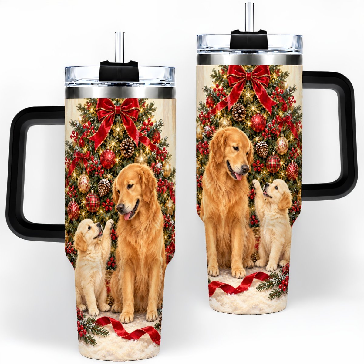 #pl[40oz|Black] Golden Retriever Christmas Tree Handled Tumbler 40oz