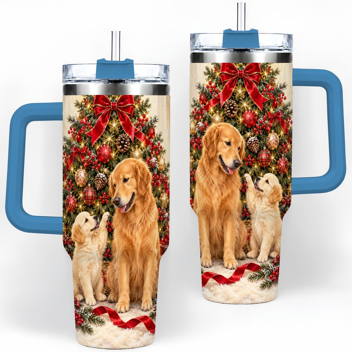 #pl[40oz|Blue] Golden Retriever Christmas Tree Handled Tumbler 40oz
