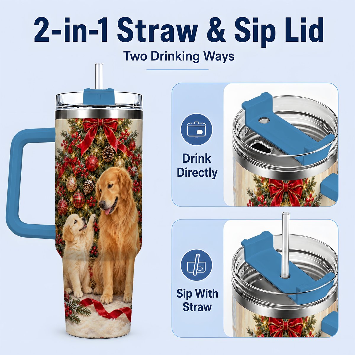 #pl[40oz|Blue] Golden Retriever Christmas Tree Handled Tumbler 40oz