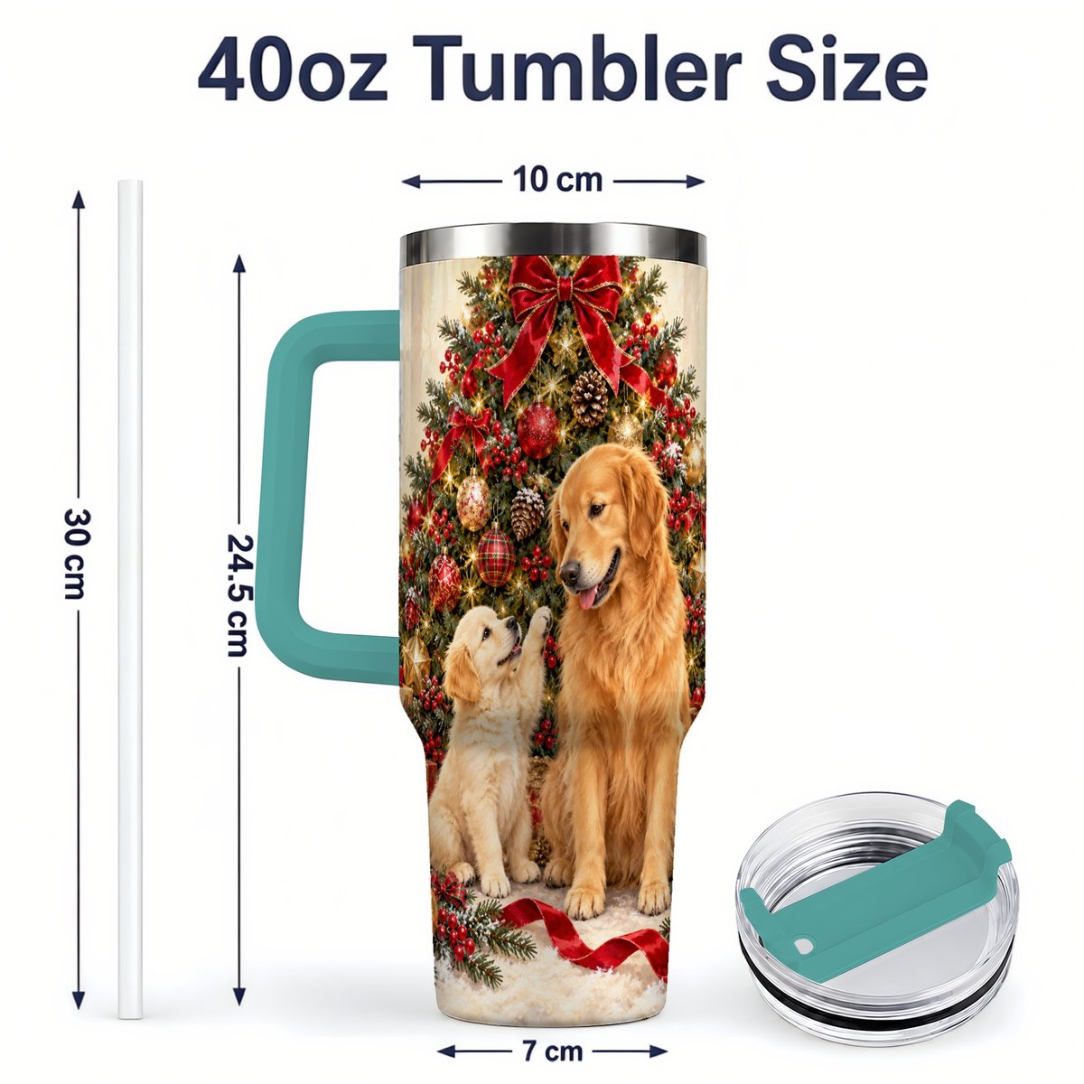 #pl[40oz|Green] Golden Retriever Christmas Tree Handled Tumbler 40oz