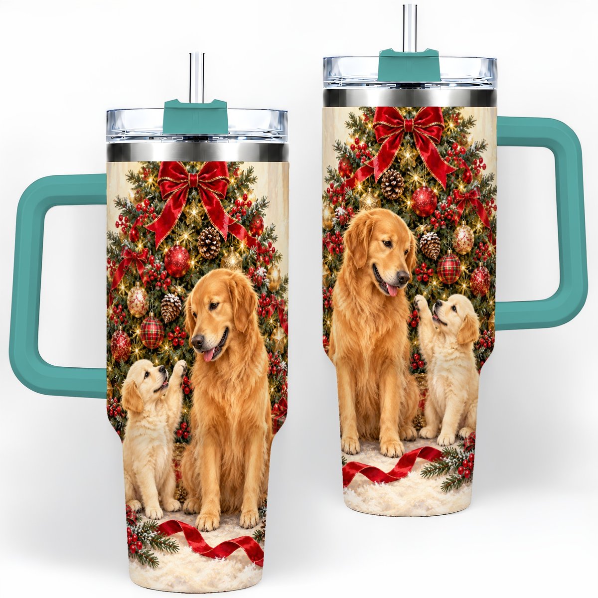 #pl[40oz|Green] Golden Retriever Christmas Tree Handled Tumbler 40oz